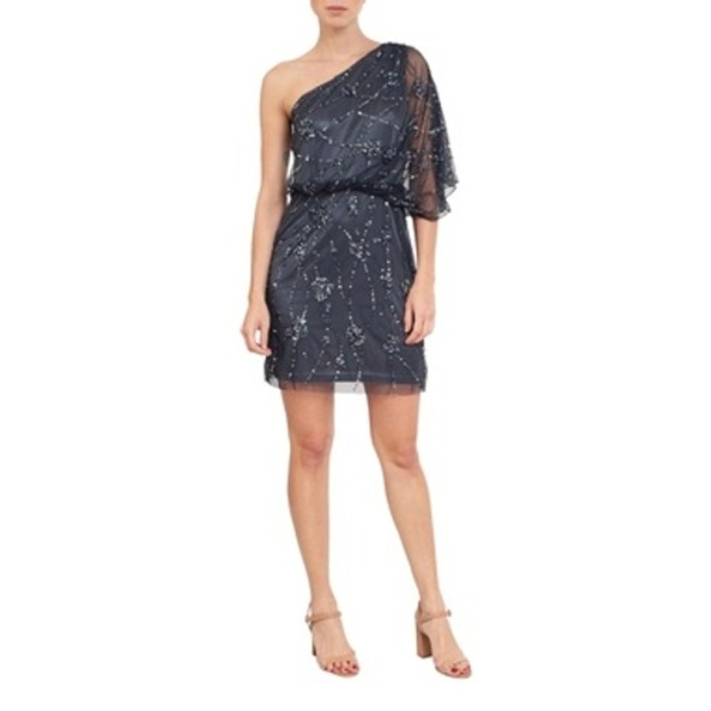 Adrianna Papell‎ Evening Charcoal NWT Sequin One Shoulder Blouson Dress Women 6